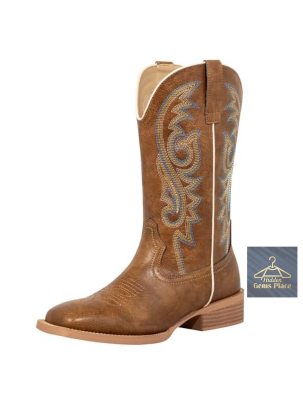 Square Toe Cowgirl Boots Women Wide Calf Vegan Faux Leather Mid Calf Embroidery